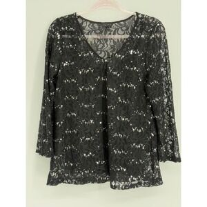 Adiva Sz L Women's Black Lace Sequin V Neck Long Sleeve Tunic Top